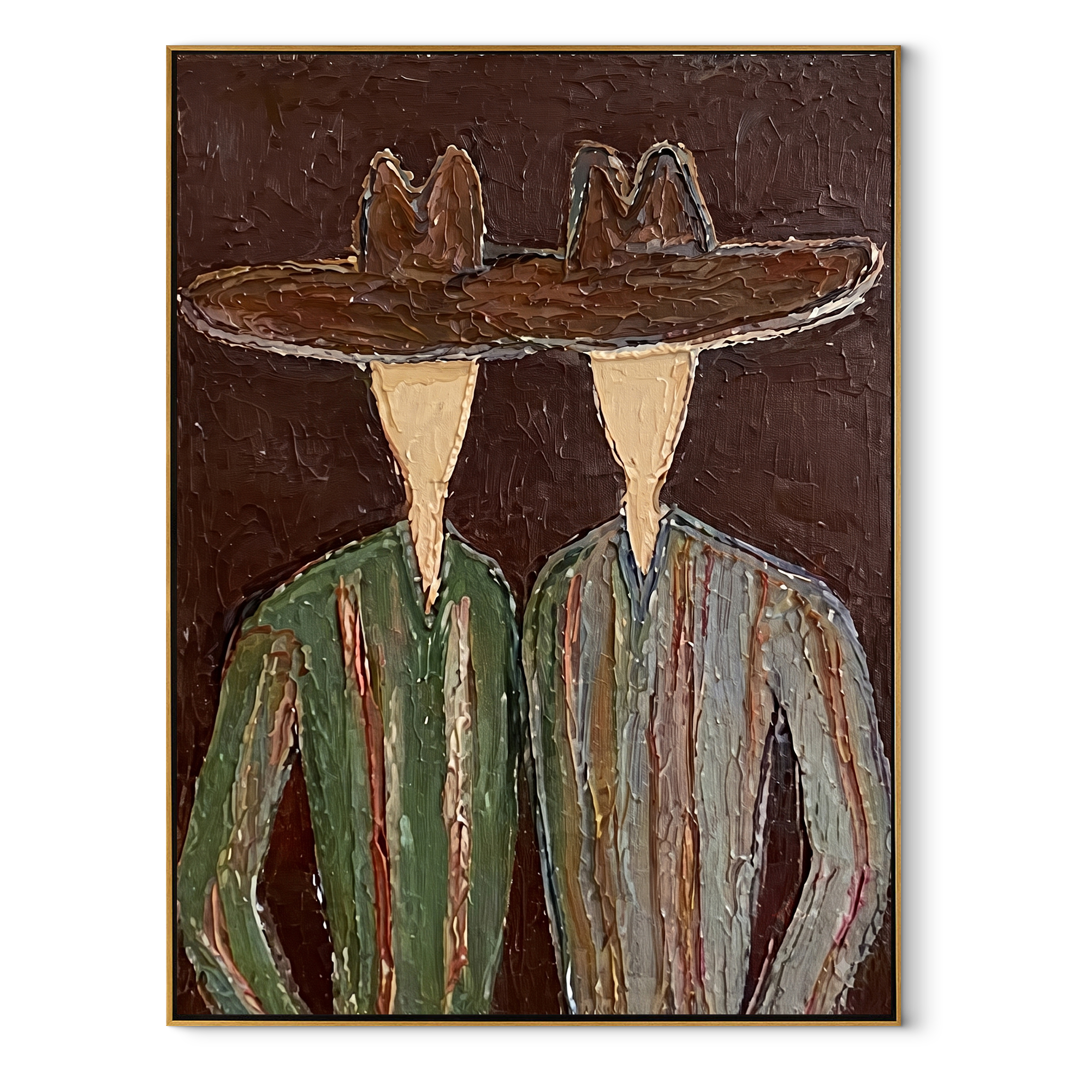 Brown Brims Span Green - green striped figure pair painting by Elliot Vale, modern figurative vertical wall art - wood frame on white background