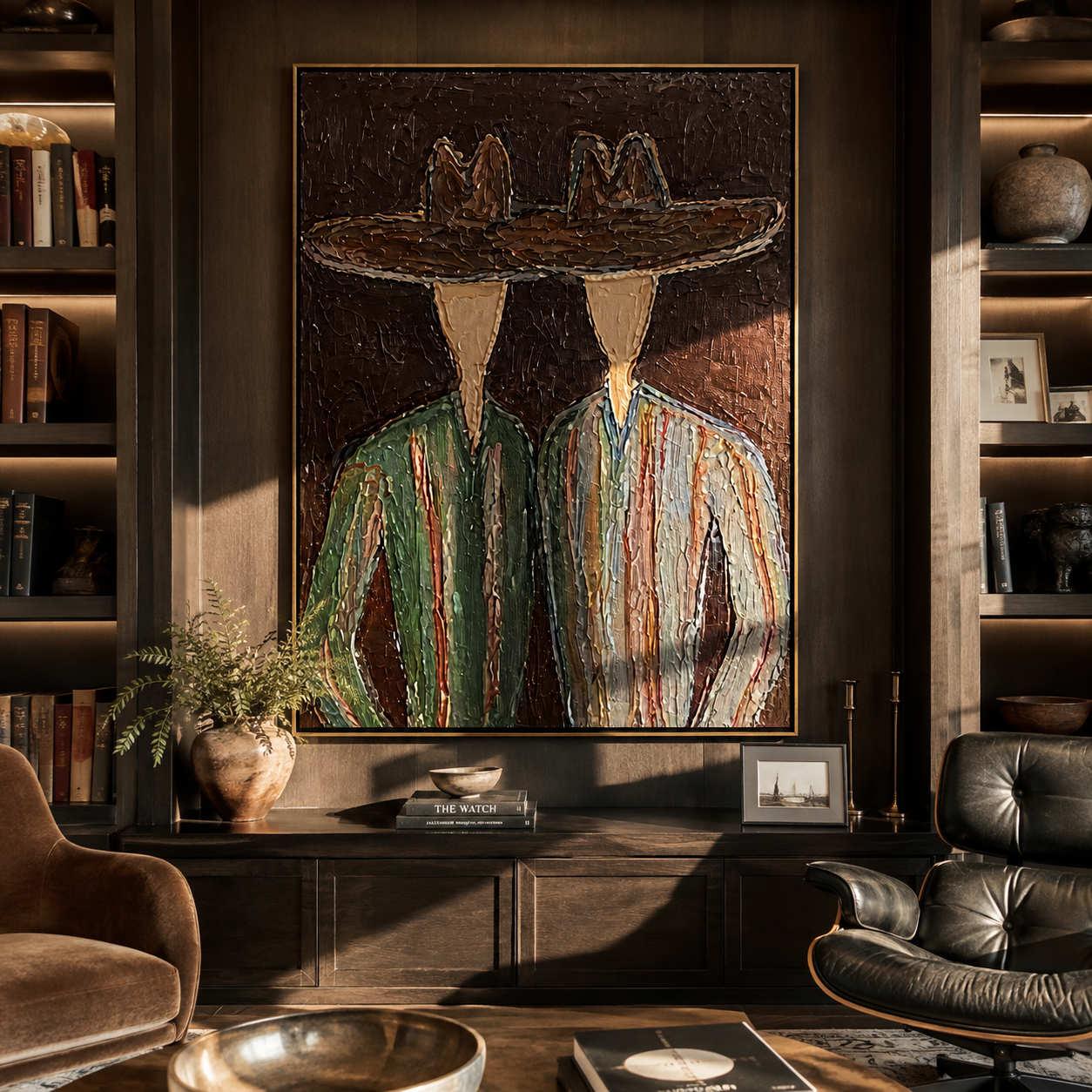 Brown Brims Span Green - green striped figure pair painting by Elliot Vale, modern figurative vertical wall art - styled room scene view 2