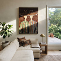 Brown Brims Span Green - green striped figure pair painting by Elliot Vale, modern figurative vertical wall art - styled room scene view 3