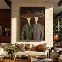 Brown Brims Span Green - green striped figure pair painting by Elliot Vale, modern figurative vertical wall art - styled room scene view 4