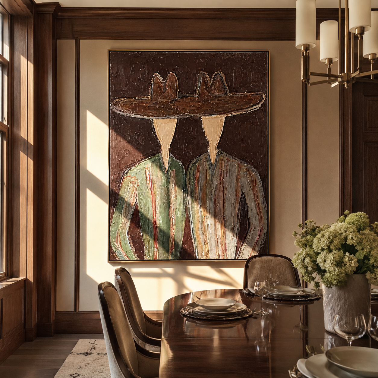 Brown Brims Span Green - green striped figure pair painting by Elliot Vale, modern figurative vertical wall art - styled room scene view 5