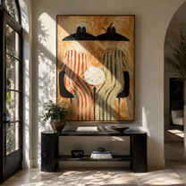 Round Table Holds Silence - striped table figure pair painting by Elliot Vale, modern figurative vertical wall art - styled room scene view 1