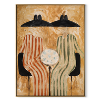 Round Table Holds Silence - striped table figure pair painting by Elliot Vale, modern figurative vertical wall art - wood frame on white background