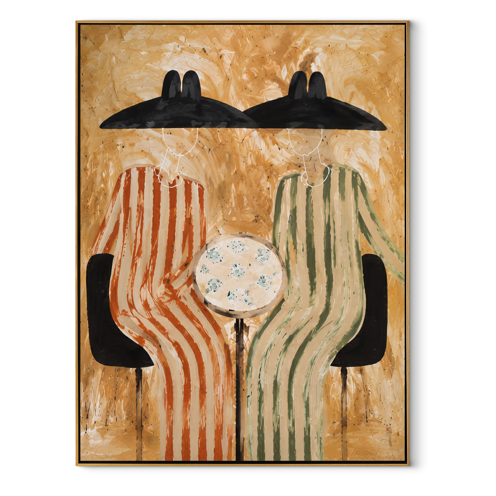Round Table Holds Silence - striped table figure pair painting by Elliot Vale, modern figurative vertical wall art - wood frame on white background