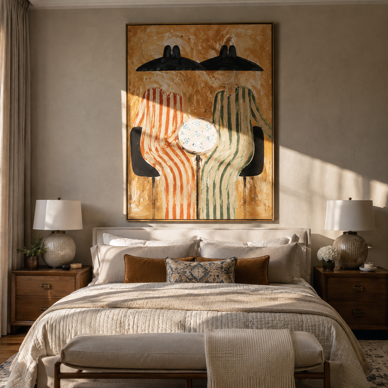 Round Table Holds Silence - striped table figure pair painting by Elliot Vale, modern figurative vertical wall art - styled room scene view 2