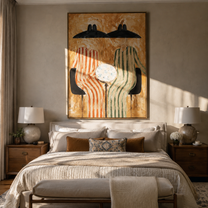 Round Table Holds Silence - striped table figure pair painting by Elliot Vale, modern figurative vertical wall art - styled room scene view 2