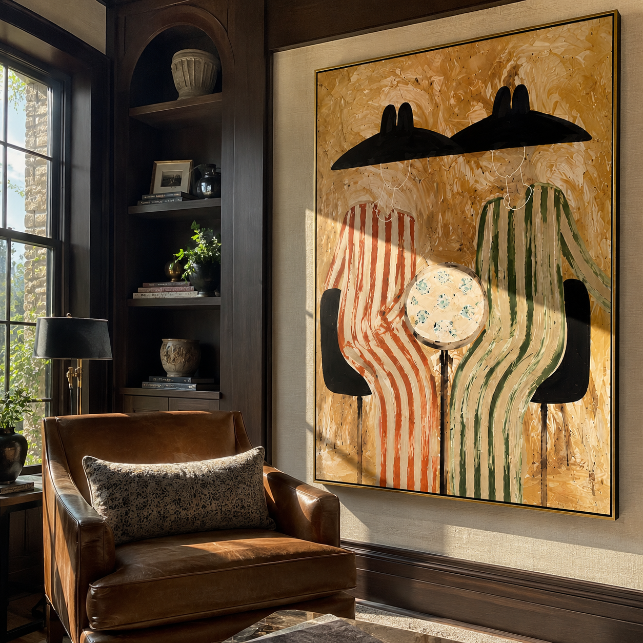 Round Table Holds Silence - striped table figure pair painting by Elliot Vale, modern figurative vertical wall art - styled room scene view 3