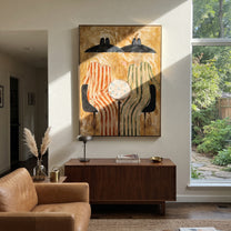 Round Table Holds Silence - striped table figure pair painting by Elliot Vale, modern figurative vertical wall art - styled room scene view 4