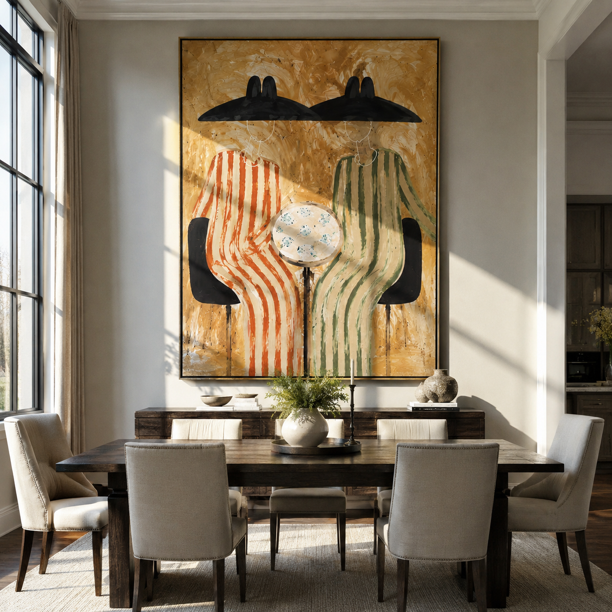 Round Table Holds Silence - striped table figure pair painting by Elliot Vale, modern figurative vertical wall art - styled room scene view 5