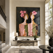 Rose Faces Turn Apart - floral head women painting by Elliot Vale, modern figurative vertical wall art - styled room scene view 1