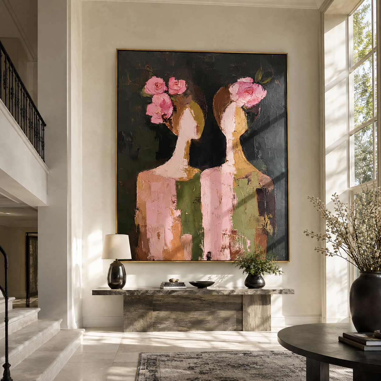 Rose Faces Turn Apart - floral head women painting by Elliot Vale, modern figurative vertical wall art - styled room scene view 1