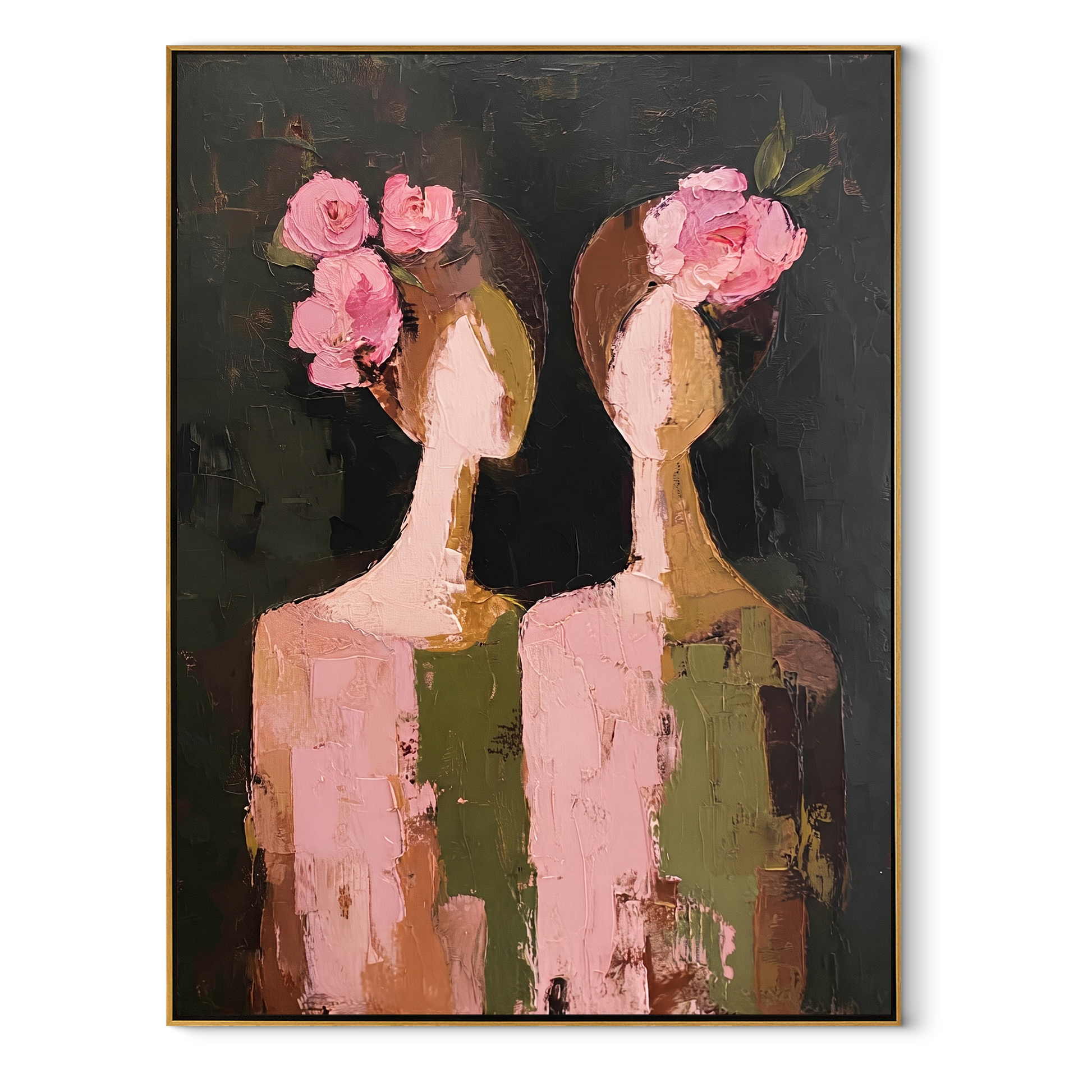 Rose Faces Turn Apart - floral head women painting by Elliot Vale, modern figurative vertical wall art - wood frame on white background