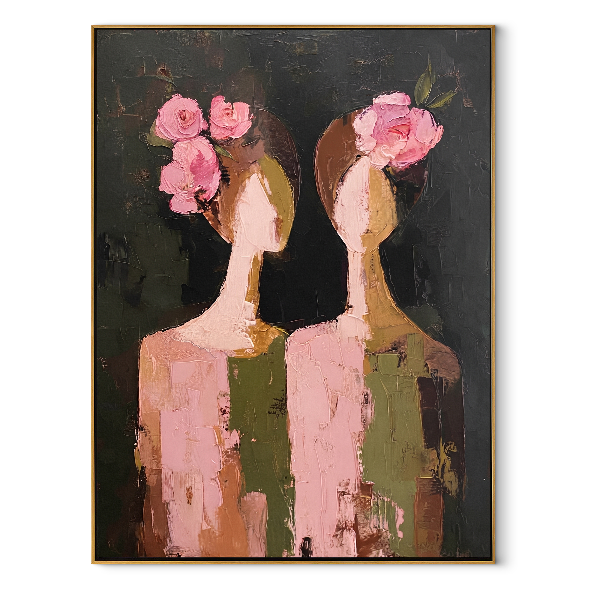 Rose Faces Turn Apart - floral head women painting by Elliot Vale, modern figurative vertical wall art - wood frame on white background