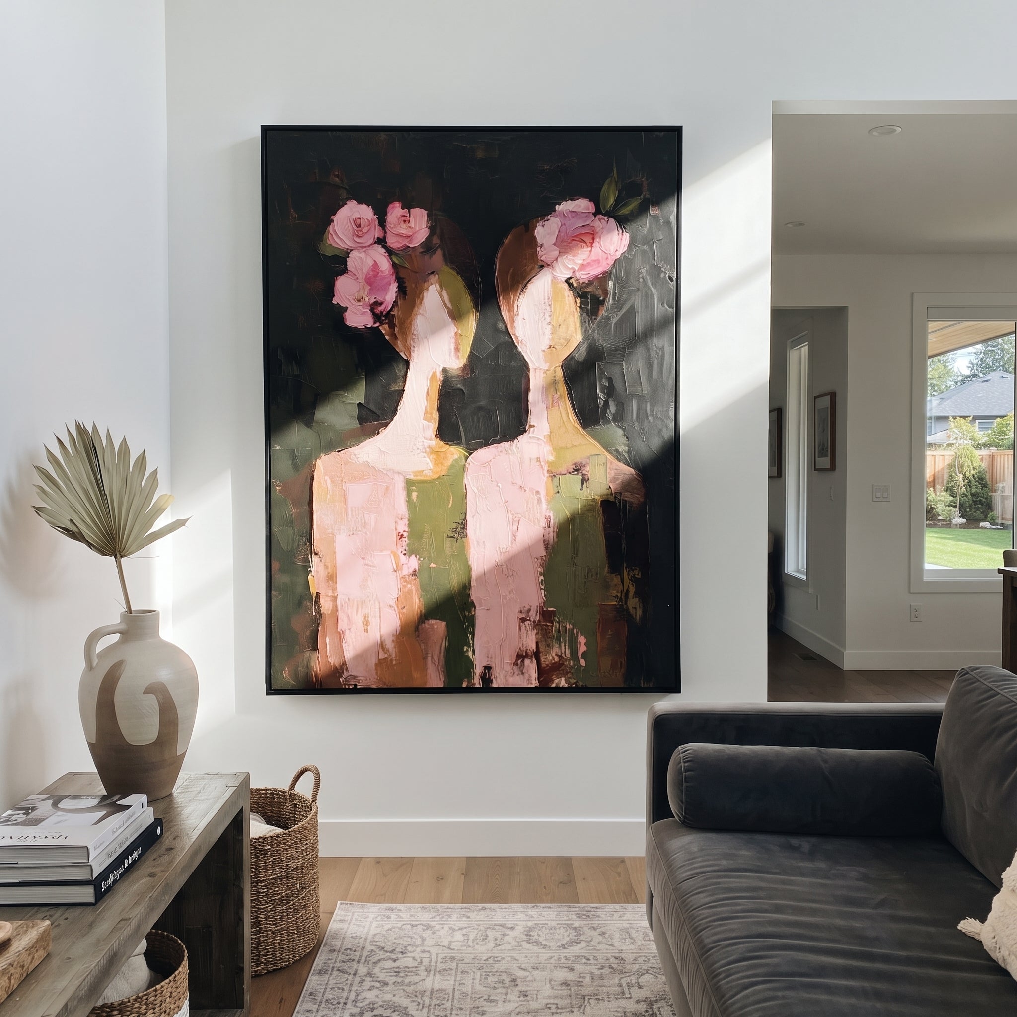 Rose Faces Turn Apart - floral head women painting by Elliot Vale, modern figurative vertical wall art - styled room scene view 2