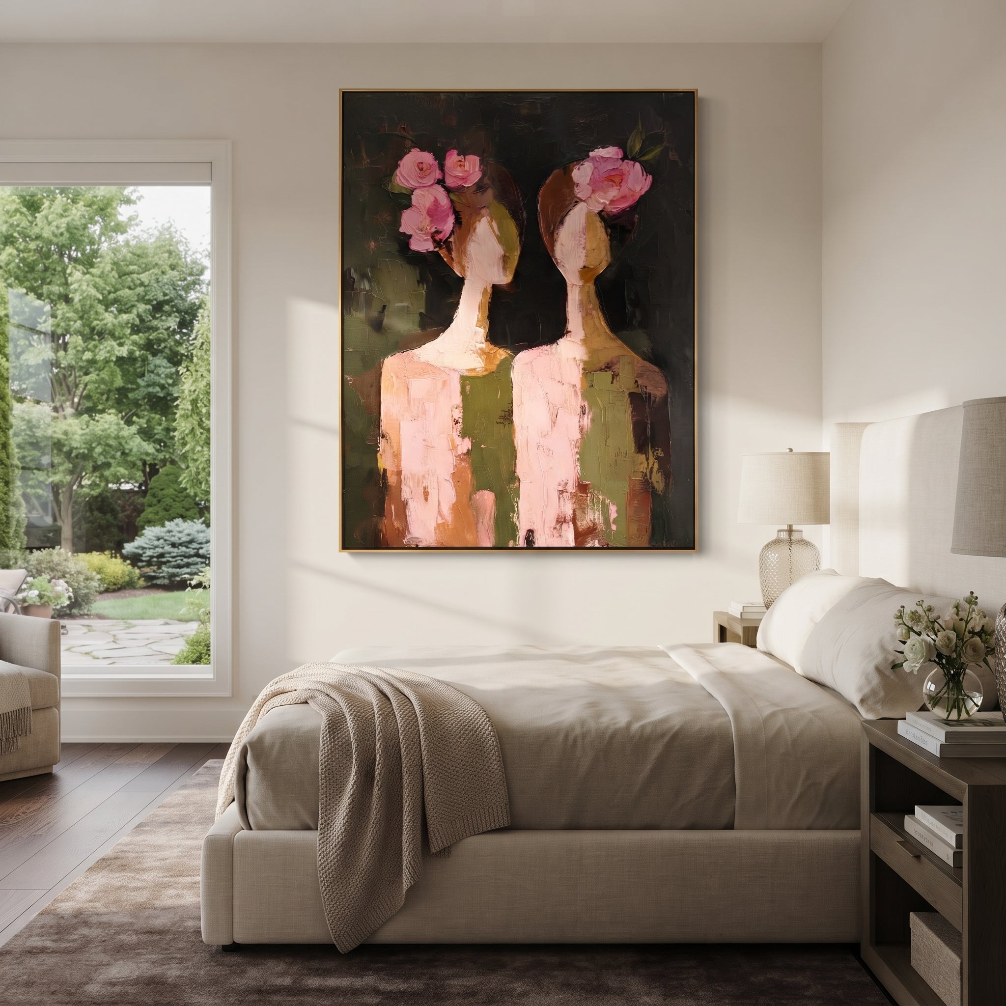Rose Faces Turn Apart - floral head women painting by Elliot Vale, modern figurative vertical wall art - styled room scene view 3