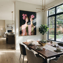 Rose Faces Turn Apart - floral head women painting by Elliot Vale, modern figurative vertical wall art - styled room scene view 4