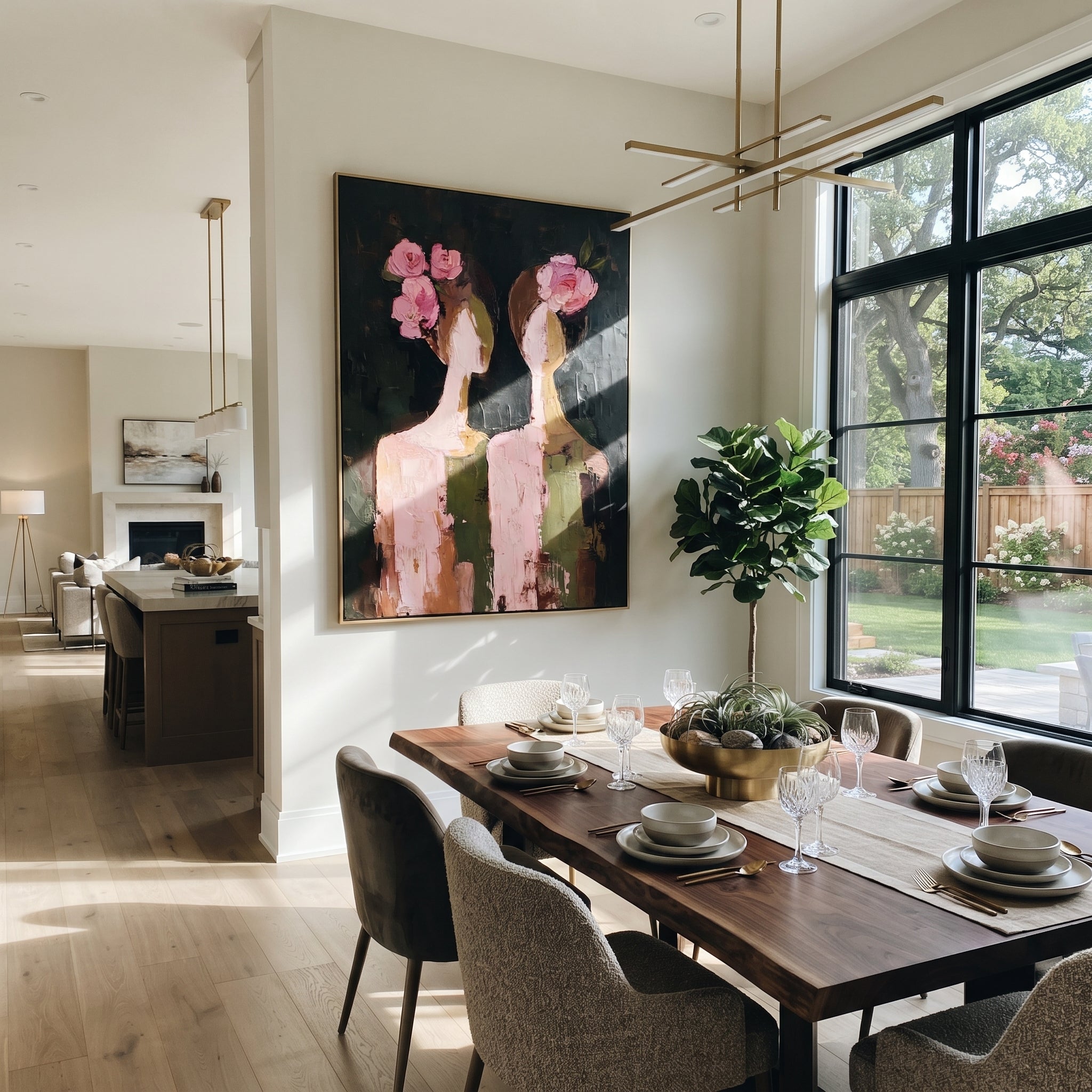 Rose Faces Turn Apart - floral head women painting by Elliot Vale, modern figurative vertical wall art - styled room scene view 4