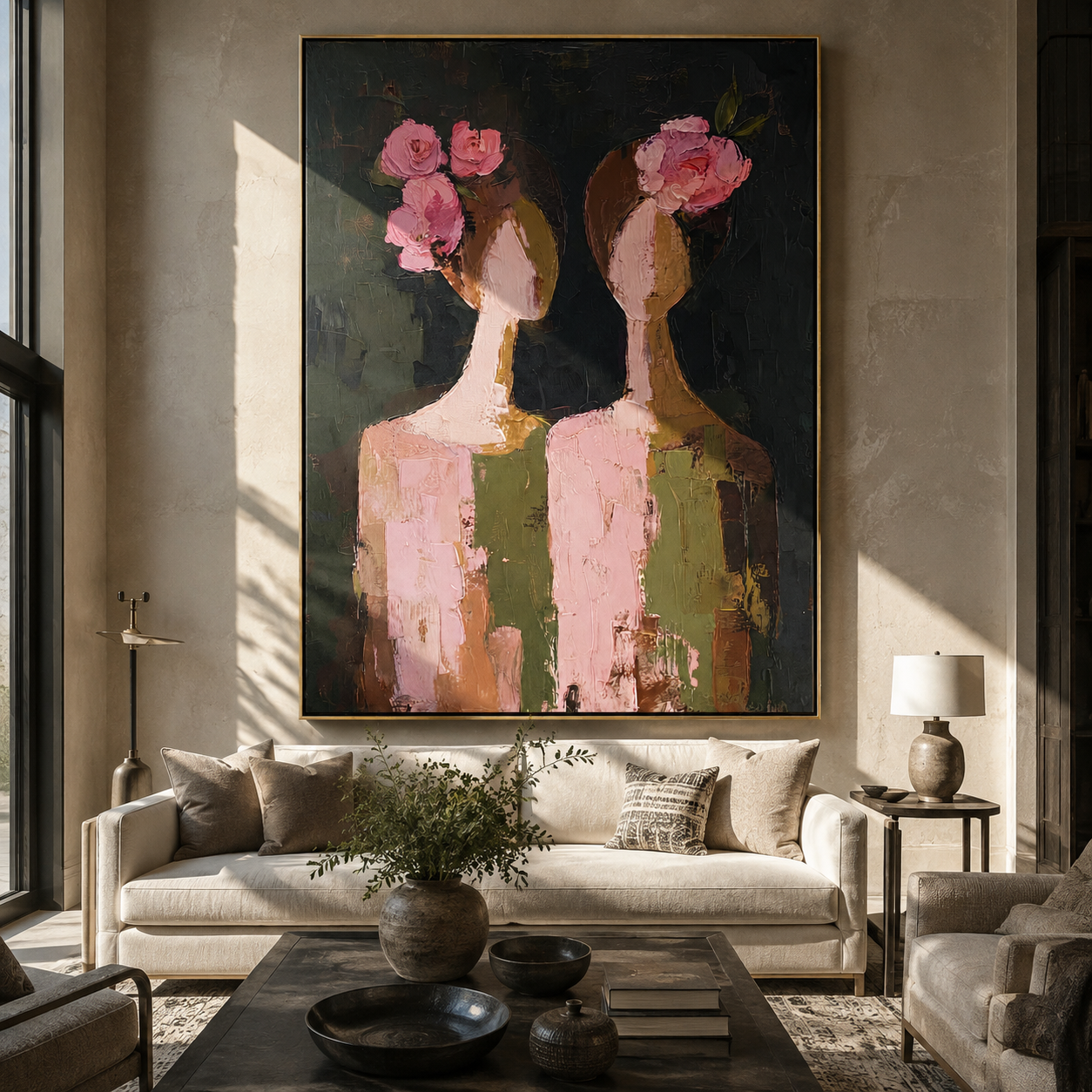 Rose Faces Turn Apart - floral head women painting by Elliot Vale, modern figurative vertical wall art - styled room scene view 5