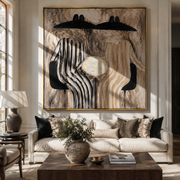 Black Chairs Hold Stripes - striped table figure pair painting by Elliot Vale, modern figurative square wall art - styled room scene view 1