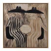 Black Chairs Hold Stripes - striped table figure pair painting by Elliot Vale, modern figurative square wall art - wood frame on white background