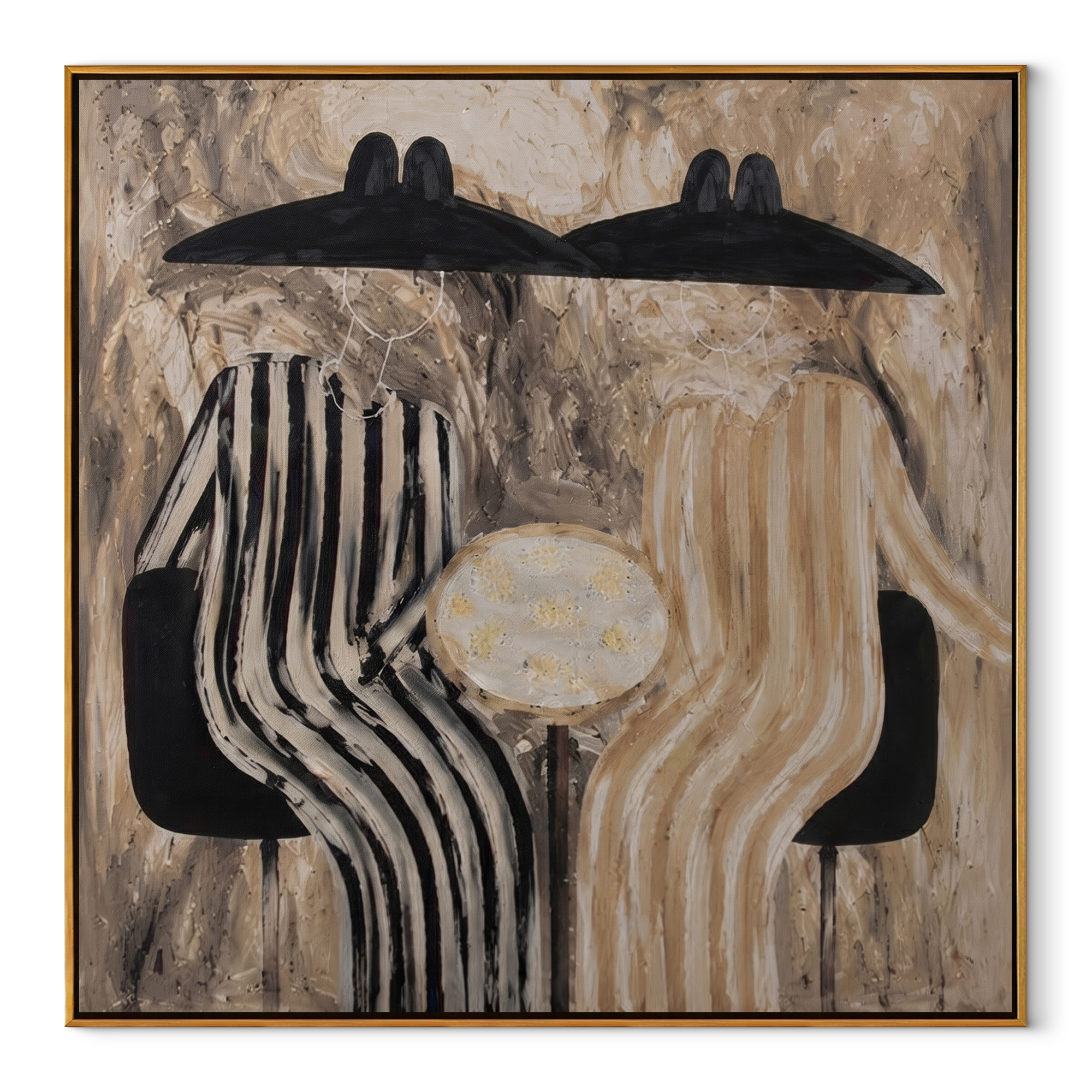 Black Chairs Hold Stripes - striped table figure pair painting by Elliot Vale, modern figurative square wall art - wood frame on white background