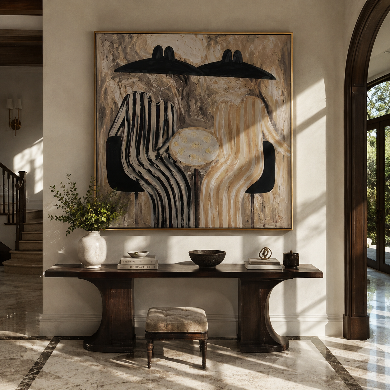 Black Chairs Hold Stripes - striped table figure pair painting by Elliot Vale, modern figurative square wall art - styled room scene view 2