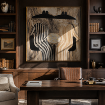 Black Chairs Hold Stripes - striped table figure pair painting by Elliot Vale, modern figurative square wall art - styled room scene view 3