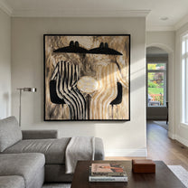 Black Chairs Hold Stripes - striped table figure pair painting by Elliot Vale, modern figurative square wall art - styled room scene view 4