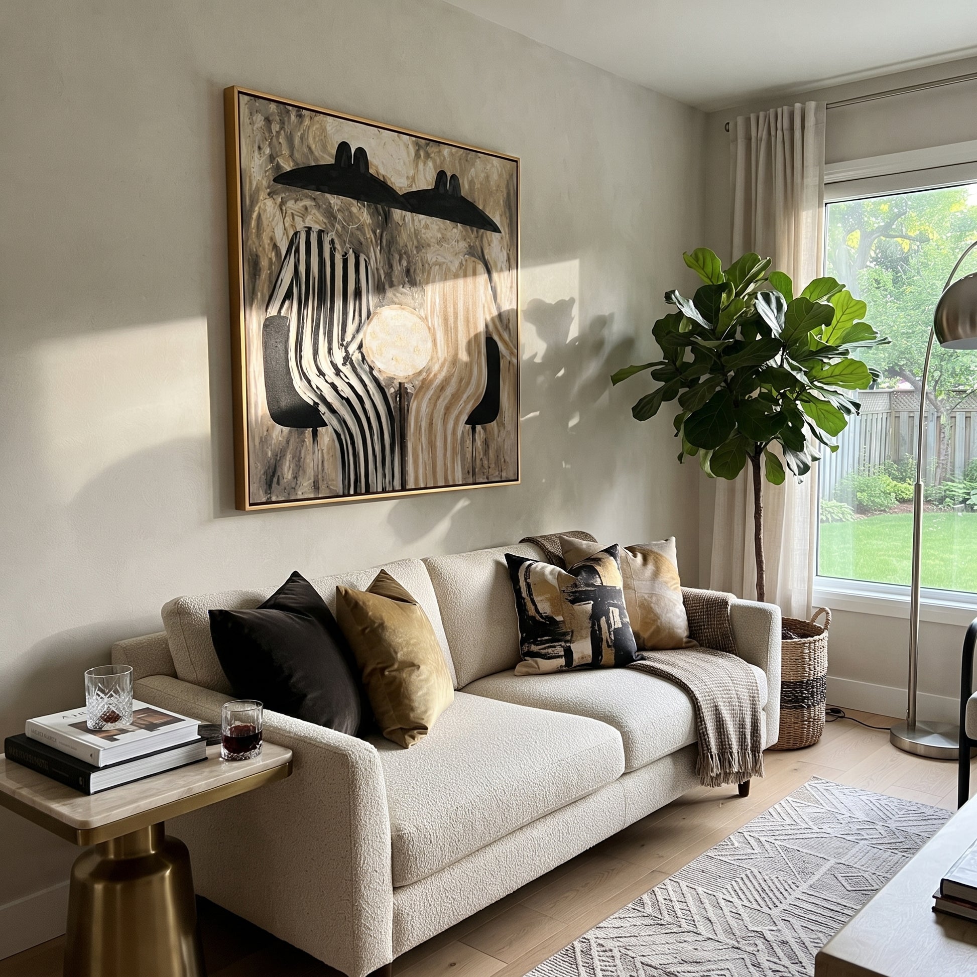 Black Chairs Hold Stripes - striped table figure pair painting by Elliot Vale, modern figurative square wall art - styled room scene view 5