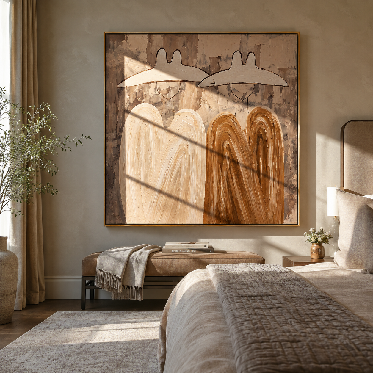 White Hats Melt Earthward - abstract hat figure pair painting by Elliot Vale, modern figurative square wall art - styled room scene view 1