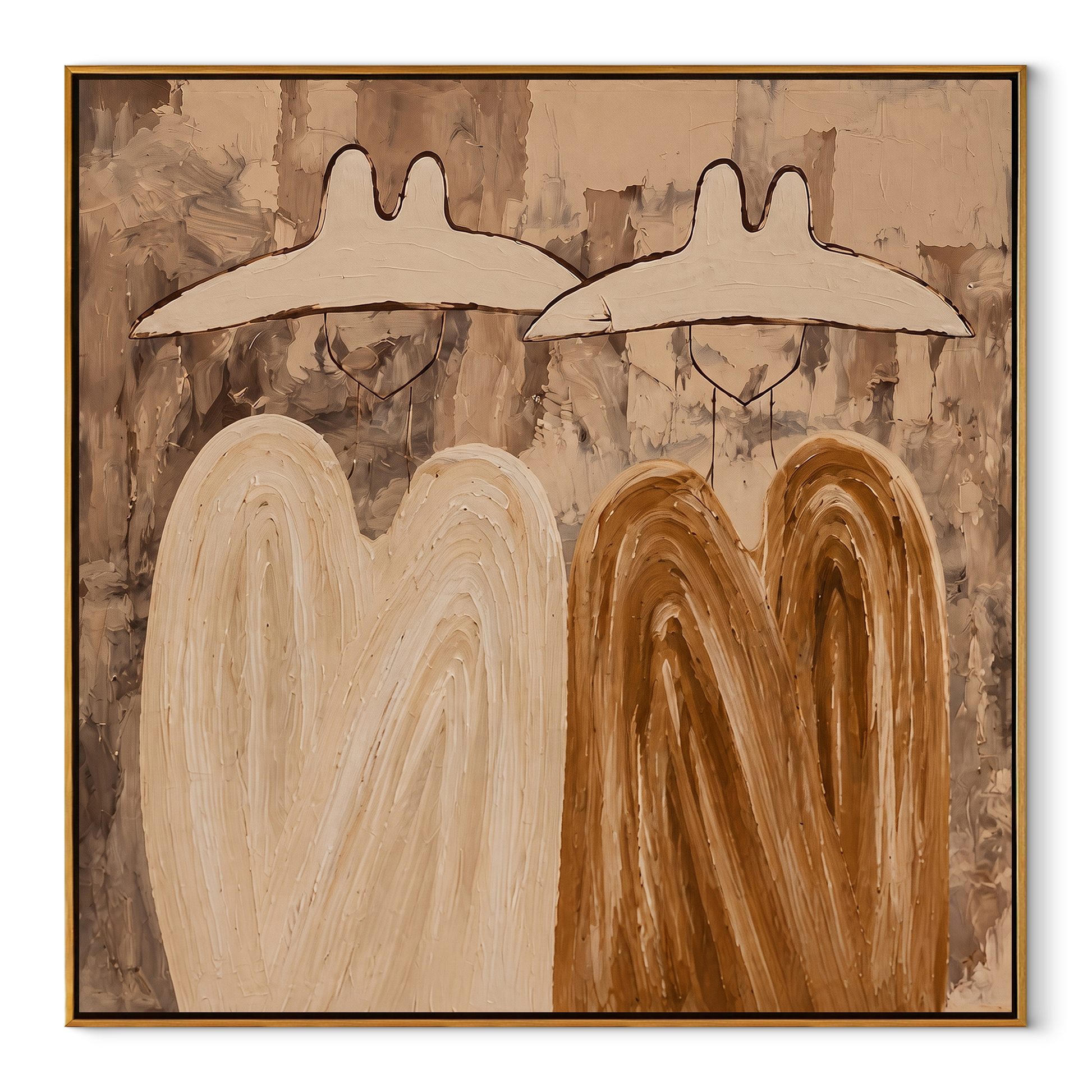White Hats Melt Earthward - abstract hat figure pair painting by Elliot Vale, modern figurative square wall art - wood frame on white background