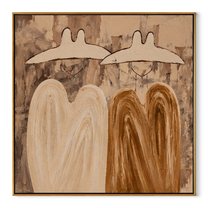 White Hats Melt Earthward - abstract hat figure pair painting by Elliot Vale, modern figurative square wall art - wood frame on white background