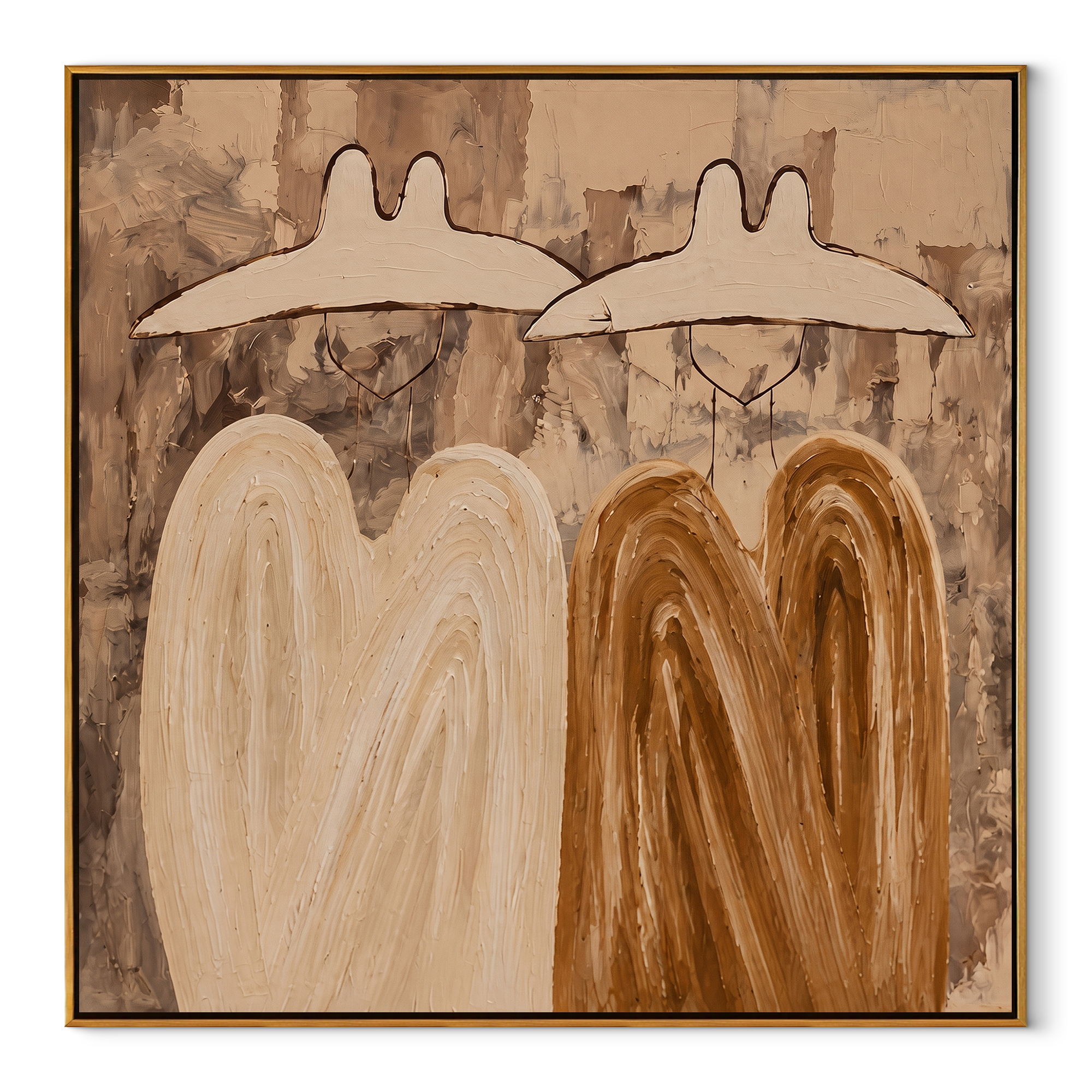 White Hats Melt Earthward - abstract hat figure pair painting by Elliot Vale, modern figurative square wall art - wood frame on white background