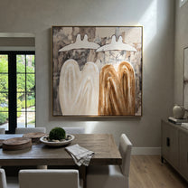 White Hats Melt Earthward - abstract hat figure pair painting by Elliot Vale, modern figurative square wall art - styled room scene view 4