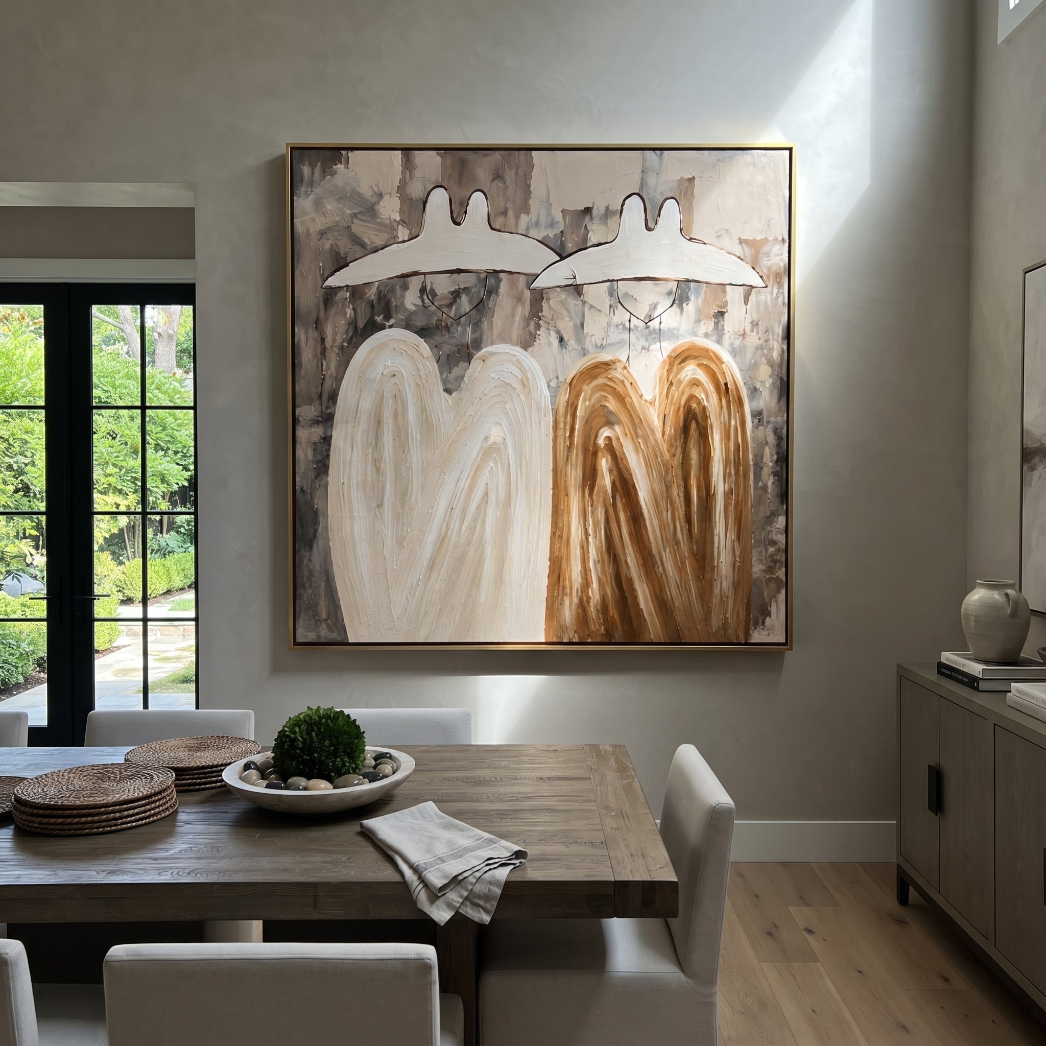 White Hats Melt Earthward - abstract hat figure pair painting by Elliot Vale, modern figurative square wall art - styled room scene view 4