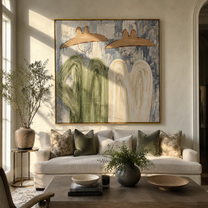 Four Forms Share Shade - abstract western group painting by Elliot Vale, modern figurative square wall art - styled room scene view 1
