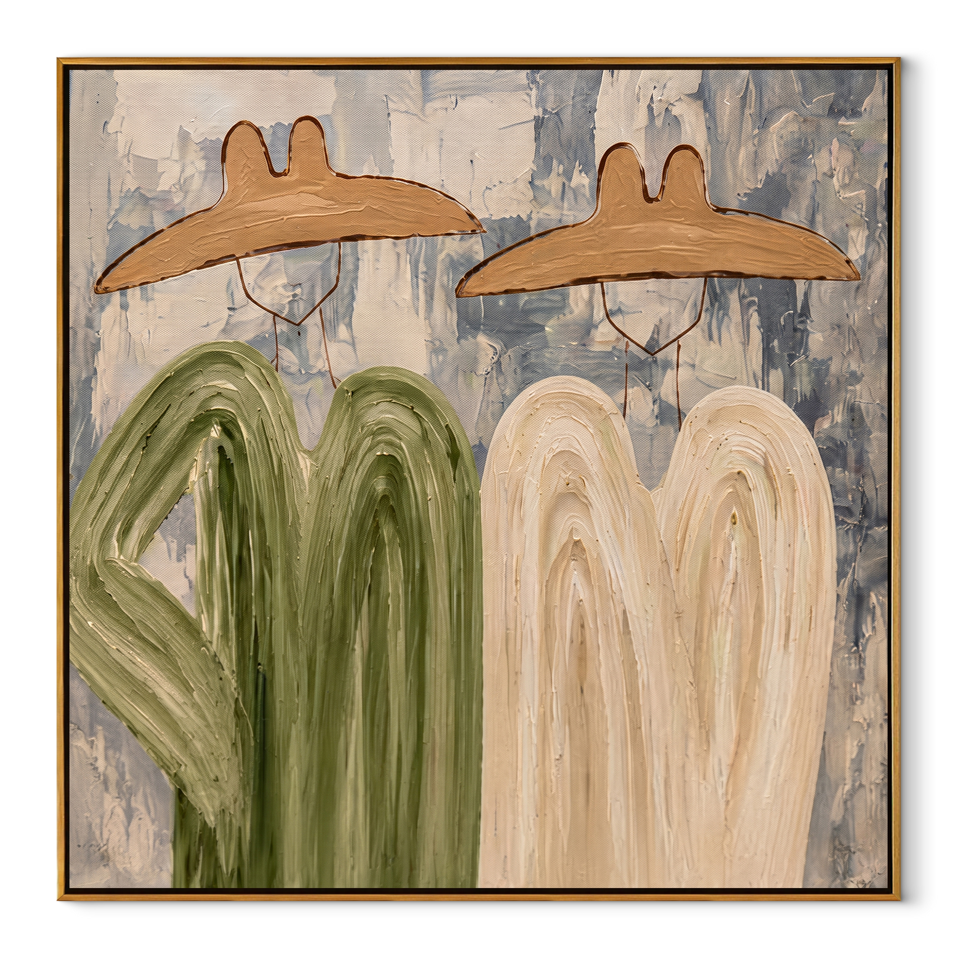 Four Forms Share Shade - abstract western group painting by Elliot Vale, modern figurative square wall art - wood frame on white background