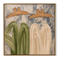 Four Forms Share Shade - abstract western group painting by Elliot Vale, modern figurative square wall art - wood frame on white background