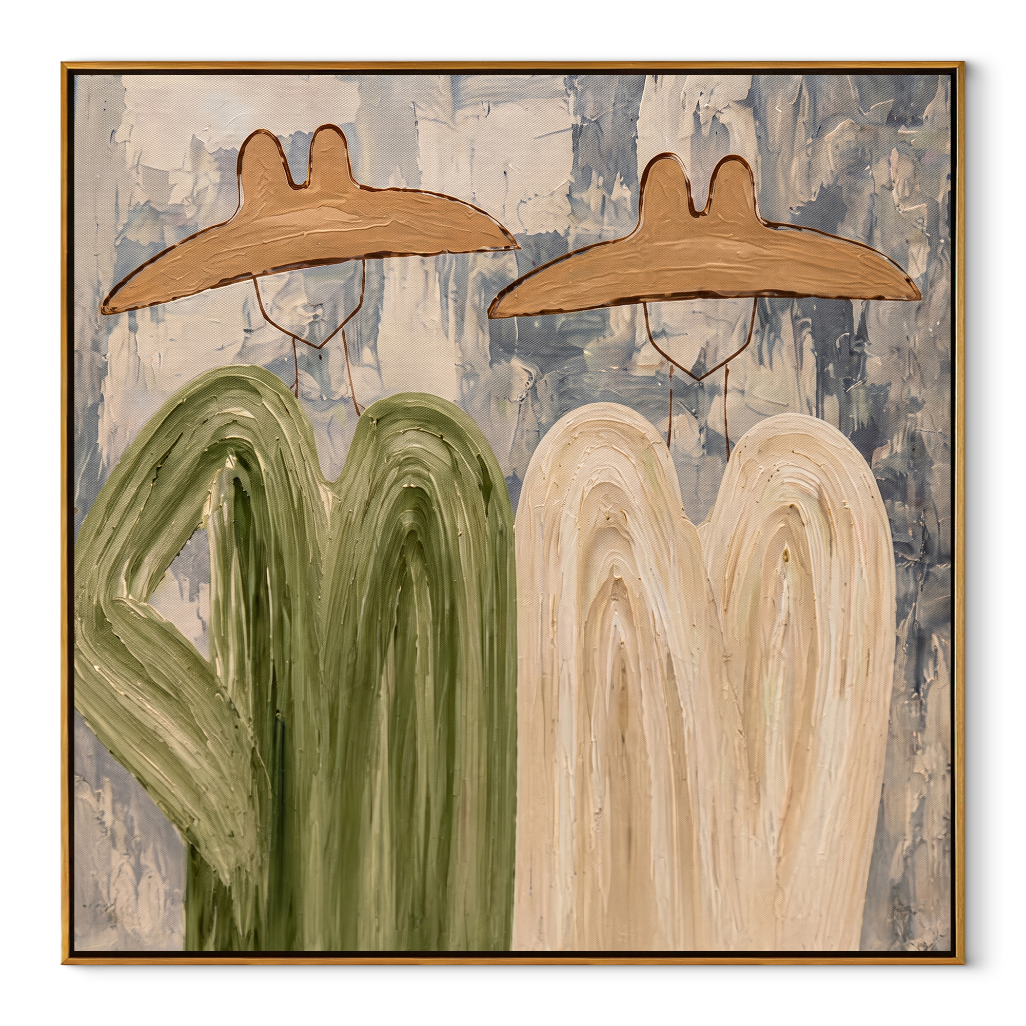 Four Forms Share Shade - abstract western group painting by Elliot Vale, modern figurative square wall art - wood frame on white background