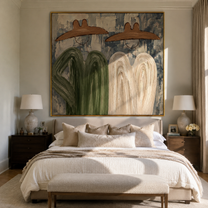 Four Forms Share Shade - abstract western group painting by Elliot Vale, modern figurative square wall art - styled room scene view 2