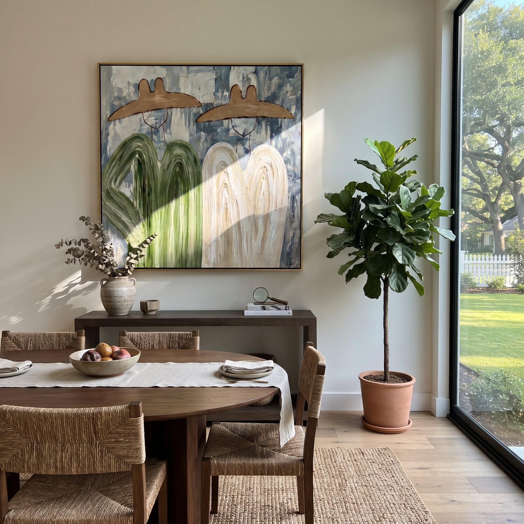 Four Forms Share Shade - abstract western group painting by Elliot Vale, modern figurative square wall art - styled room scene view 3