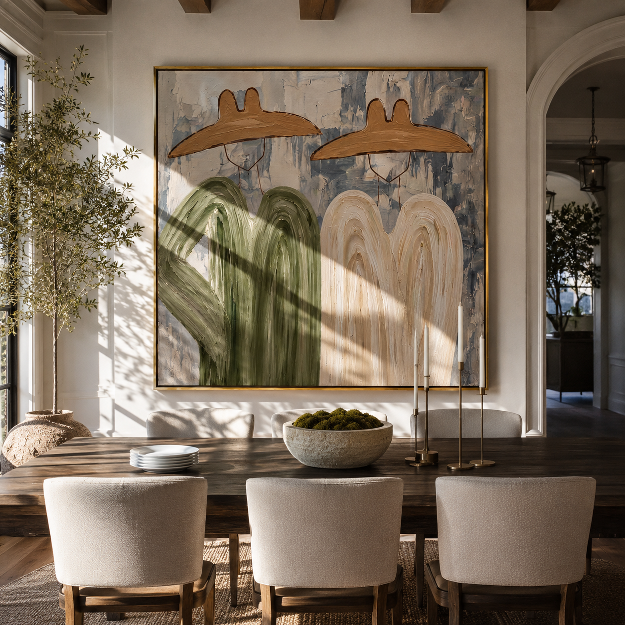 Four Forms Share Shade - abstract western group painting by Elliot Vale, modern figurative square wall art - styled room scene view 4