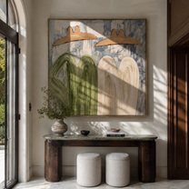 Four Forms Share Shade - abstract western group painting by Elliot Vale, modern figurative square wall art - styled room scene view 5