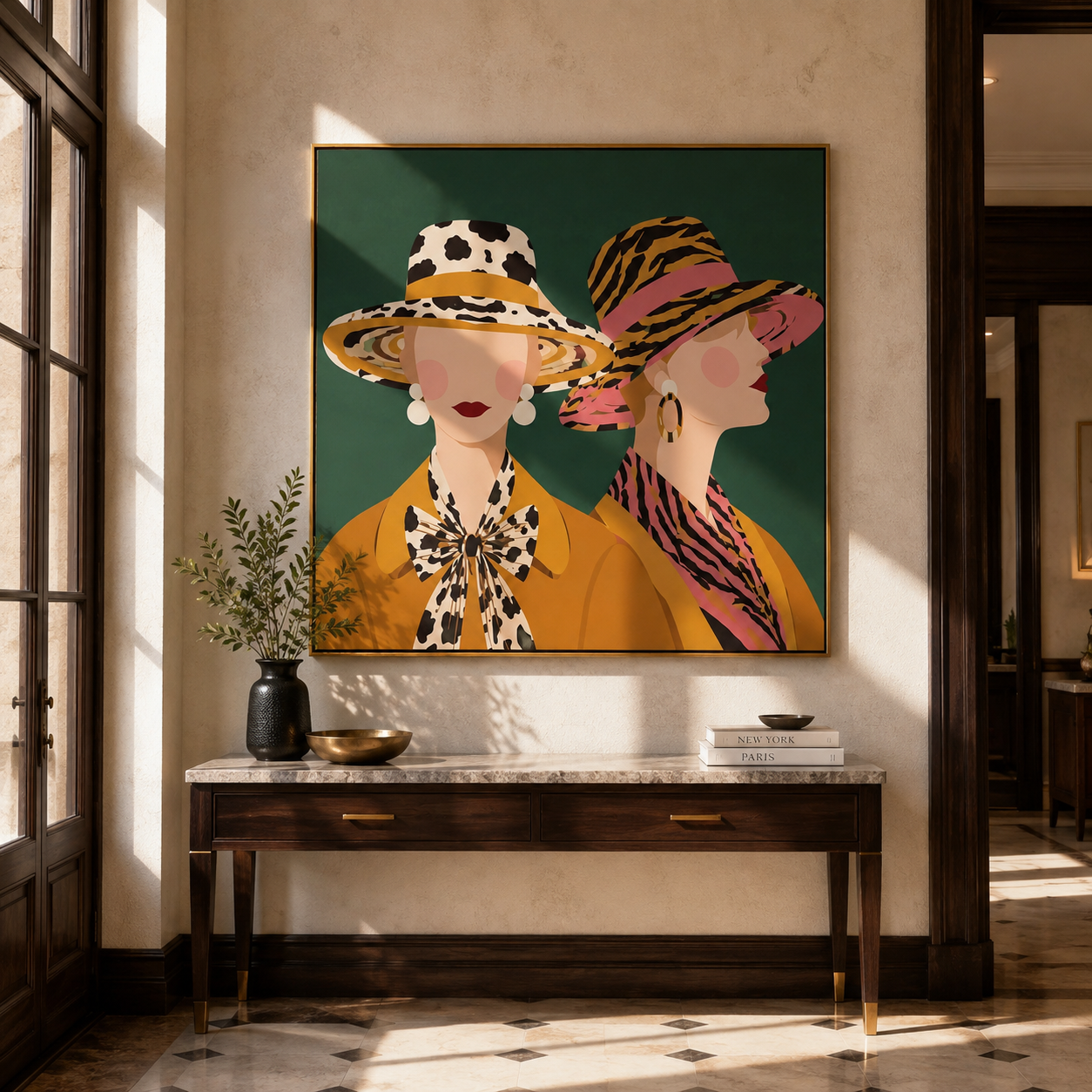 Tiger Stripes Meet Spots - animal print hat women painting by Elliot Vale, modern figurative square wall art - styled room scene view 1
