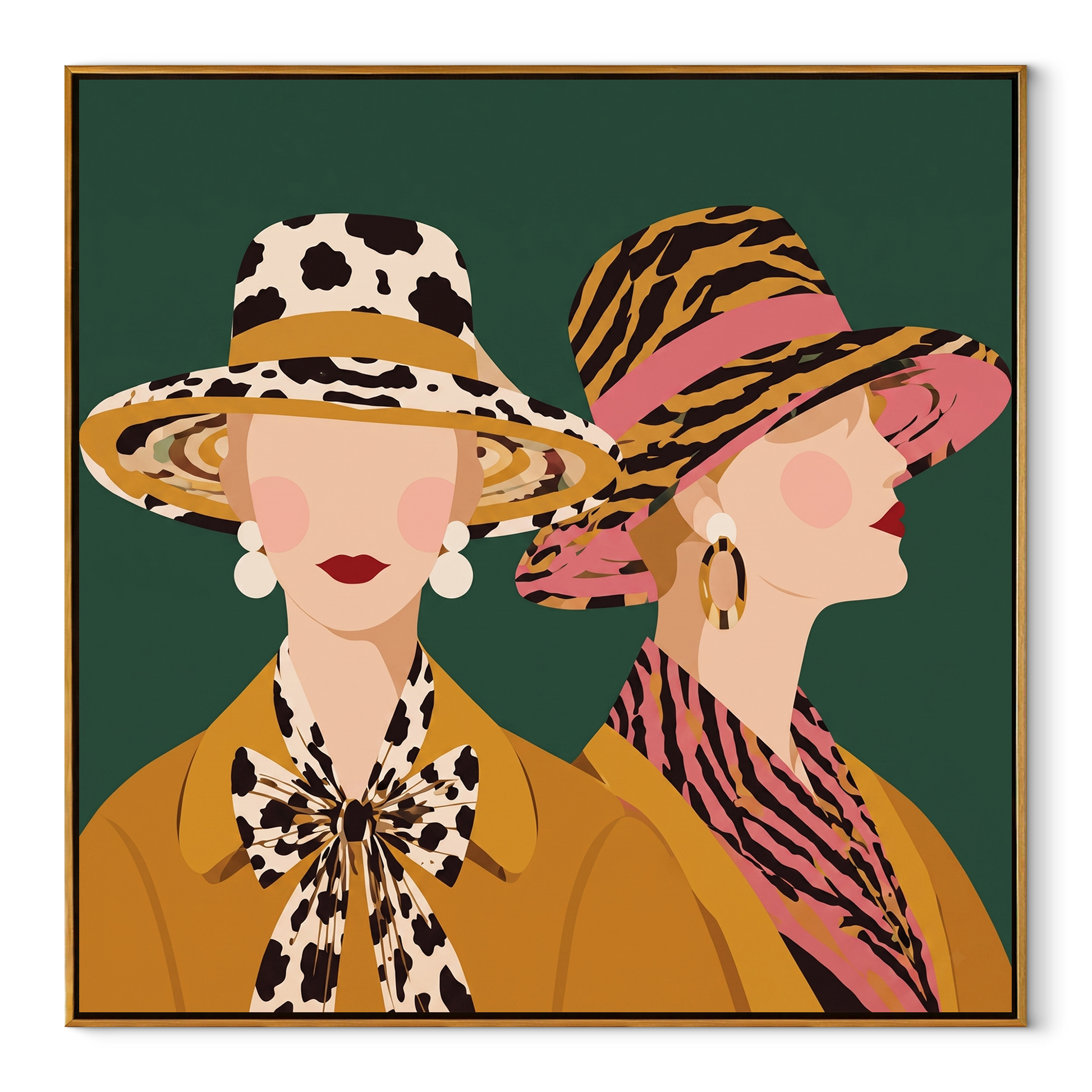 Tiger Stripes Meet Spots - animal print hat women painting by Elliot Vale, modern figurative square wall art - wood frame on white background