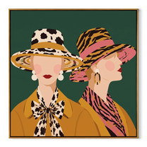 Tiger Stripes Meet Spots - animal print hat women painting by Elliot Vale, modern figurative square wall art - wood frame on white background