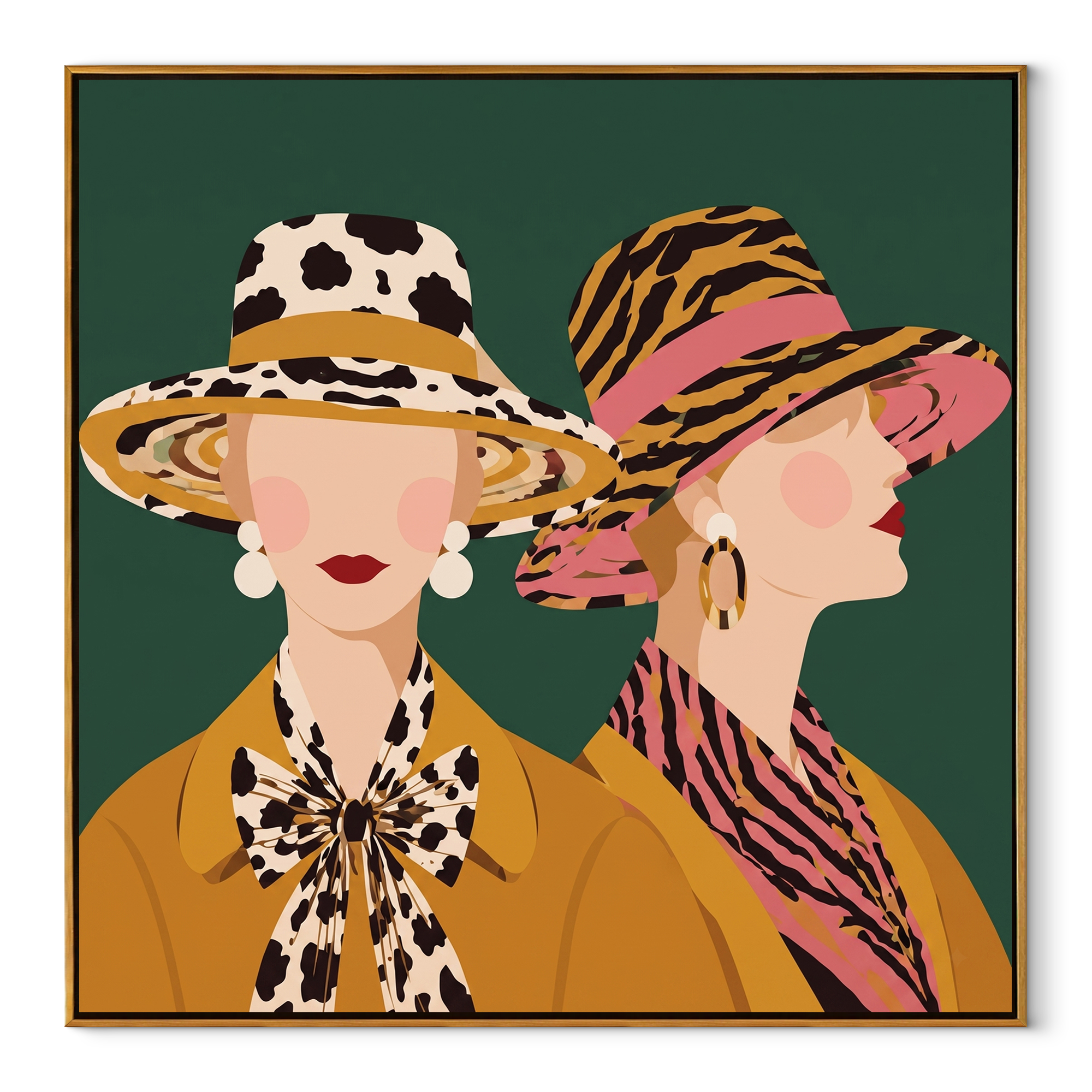 Tiger Stripes Meet Spots - animal print hat women painting by Elliot Vale, modern figurative square wall art - wood frame on white background
