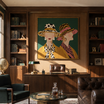 Tiger Stripes Meet Spots - animal print hat women painting by Elliot Vale, modern figurative square wall art - styled room scene view 2