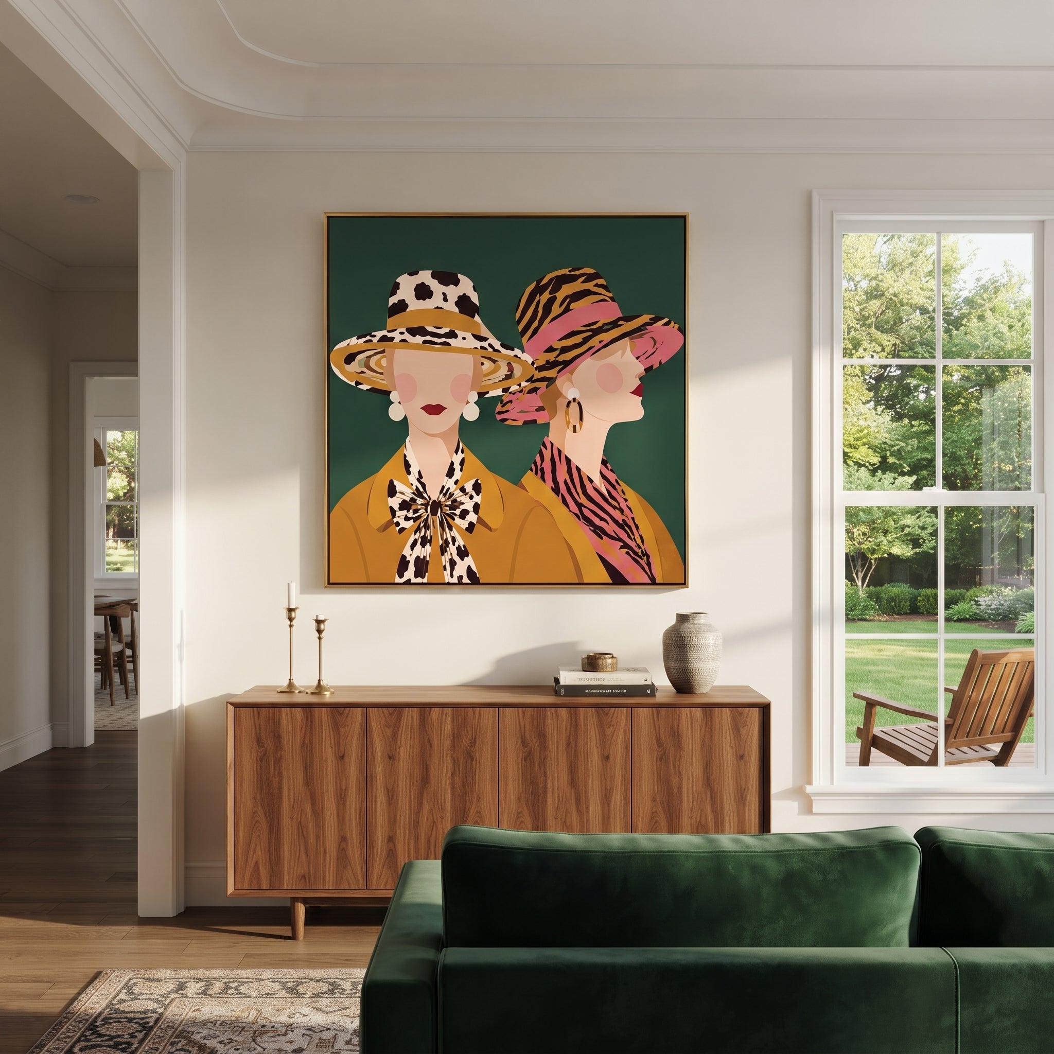 Tiger Stripes Meet Spots - animal print hat women painting by Elliot Vale, modern figurative square wall art - styled room scene view 3