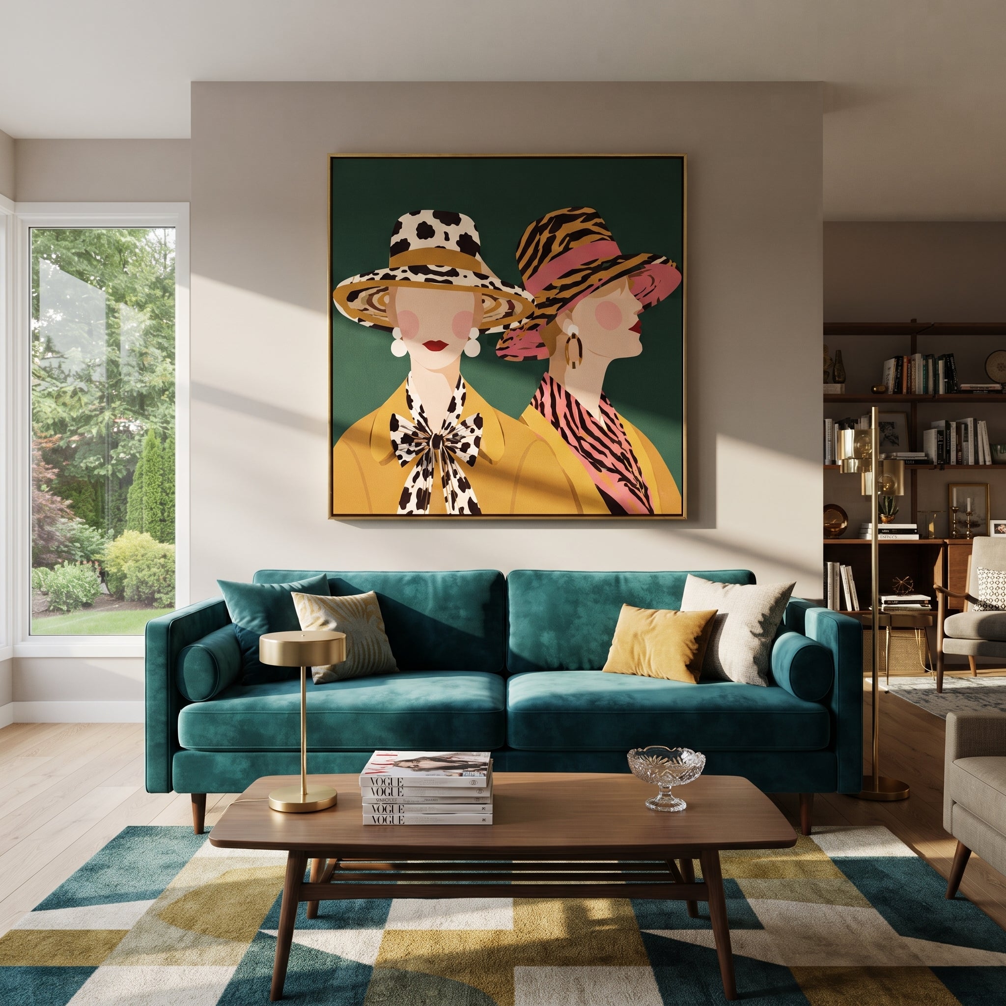 Tiger Stripes Meet Spots - animal print hat women painting by Elliot Vale, modern figurative square wall art - styled room scene view 4